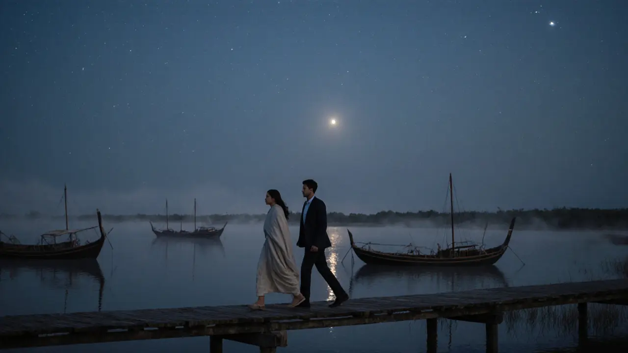 A couple walking silently along Abu Dhabi&#039;s mangrove boardwalk under moonlight, serene and intimate.