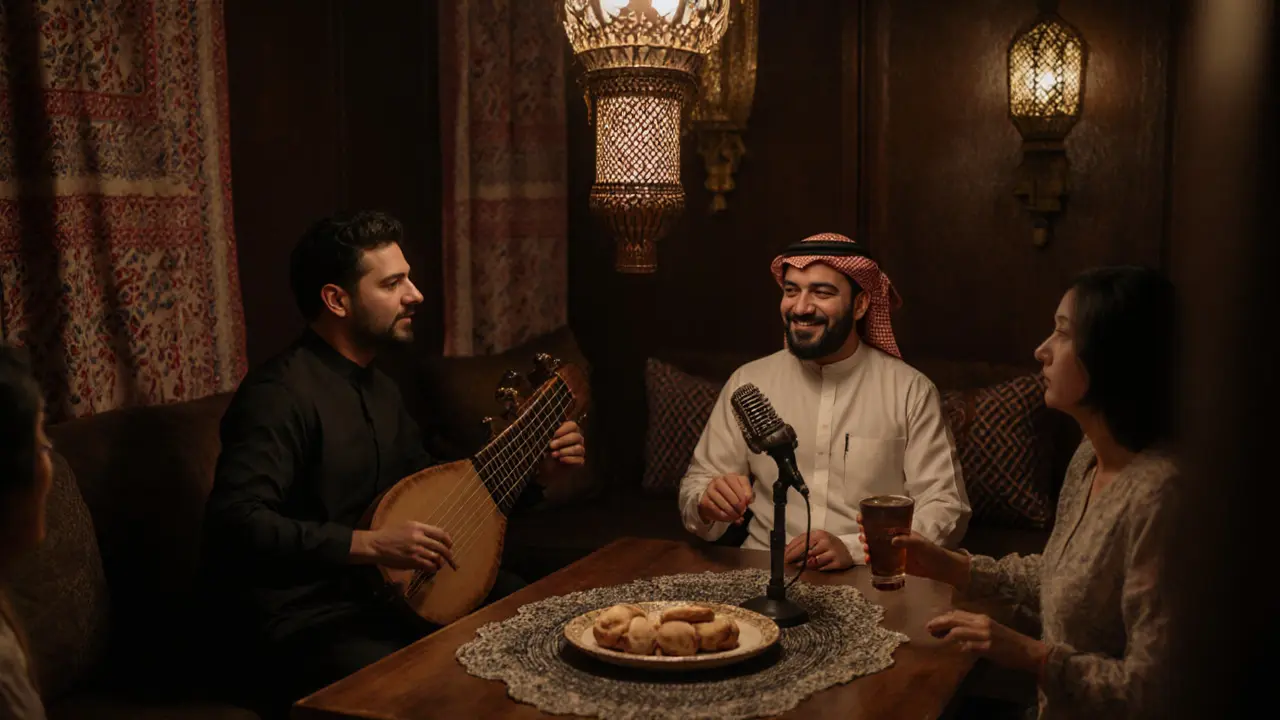 A cultural karaoke setting in Dubai with traditional oud music and Emirati snacks served.
