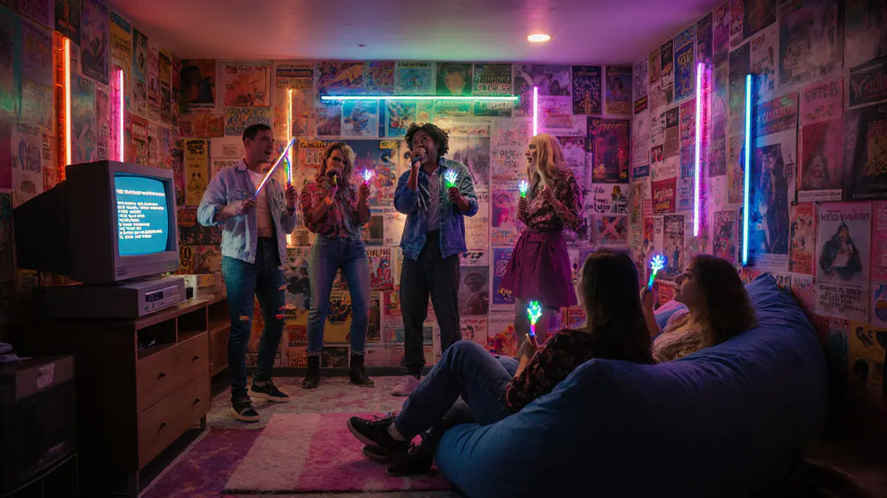 A group enjoying a 90s-themed karaoke room with glow sticks and colorful LED lights.
