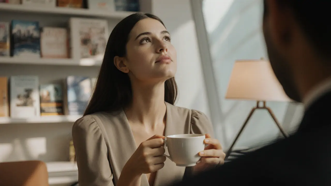 A woman listening thoughtfully, holding a cup of coffee, with Dubai&#039;s cultural landmarks visible in the background.