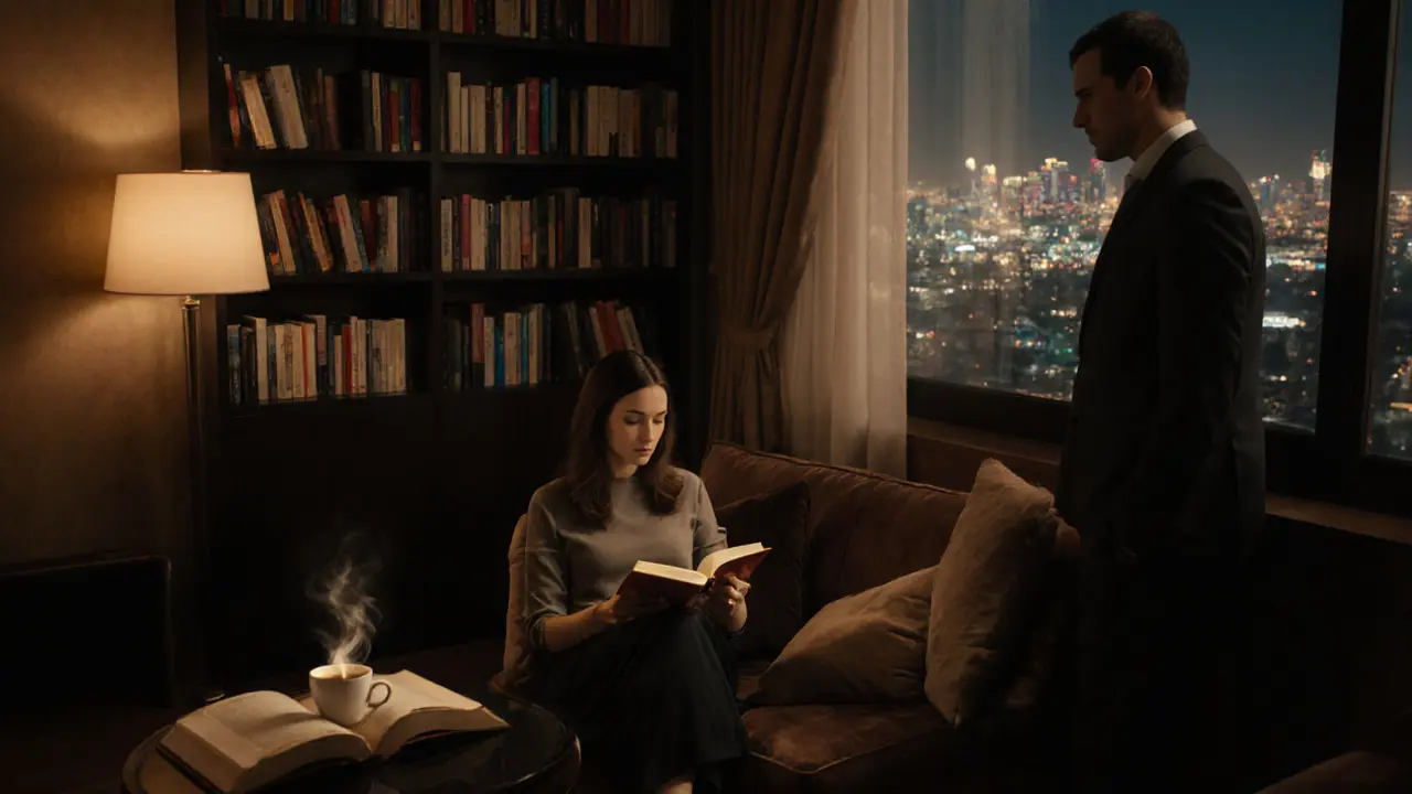 A woman reading in a cozy private lounge with books and coffee, man standing by the window at night.