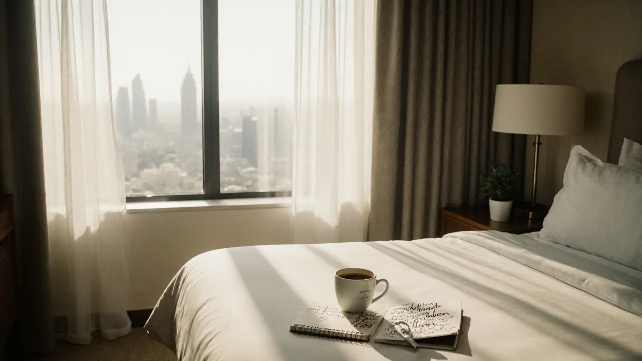 An empty hotel room with a handwritten note on the nightstand, coffee cup, and notebook, suggesting a meaningful encounter.