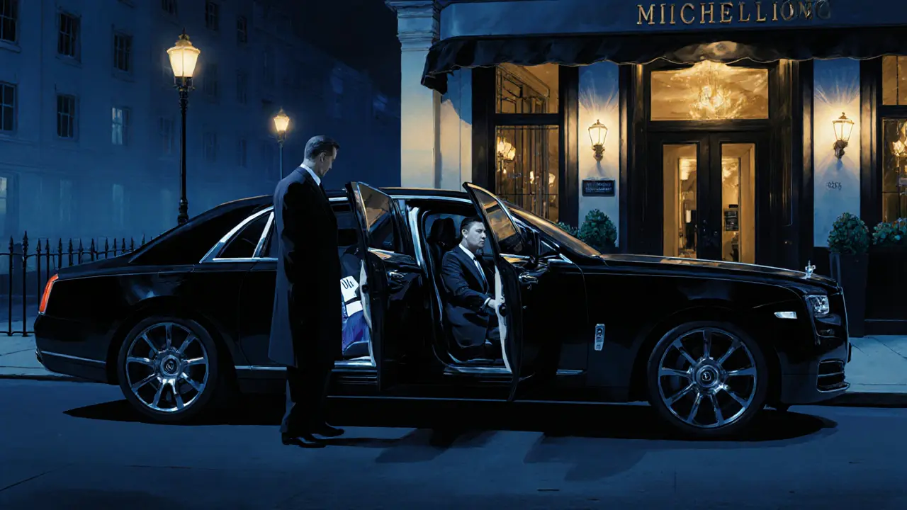 Black limousine parked outside a fine-dining restaurant with a monogrammed note visible.