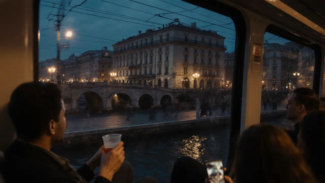 Cinematic shot of night tram 33 moving through illuminated Milan streets.