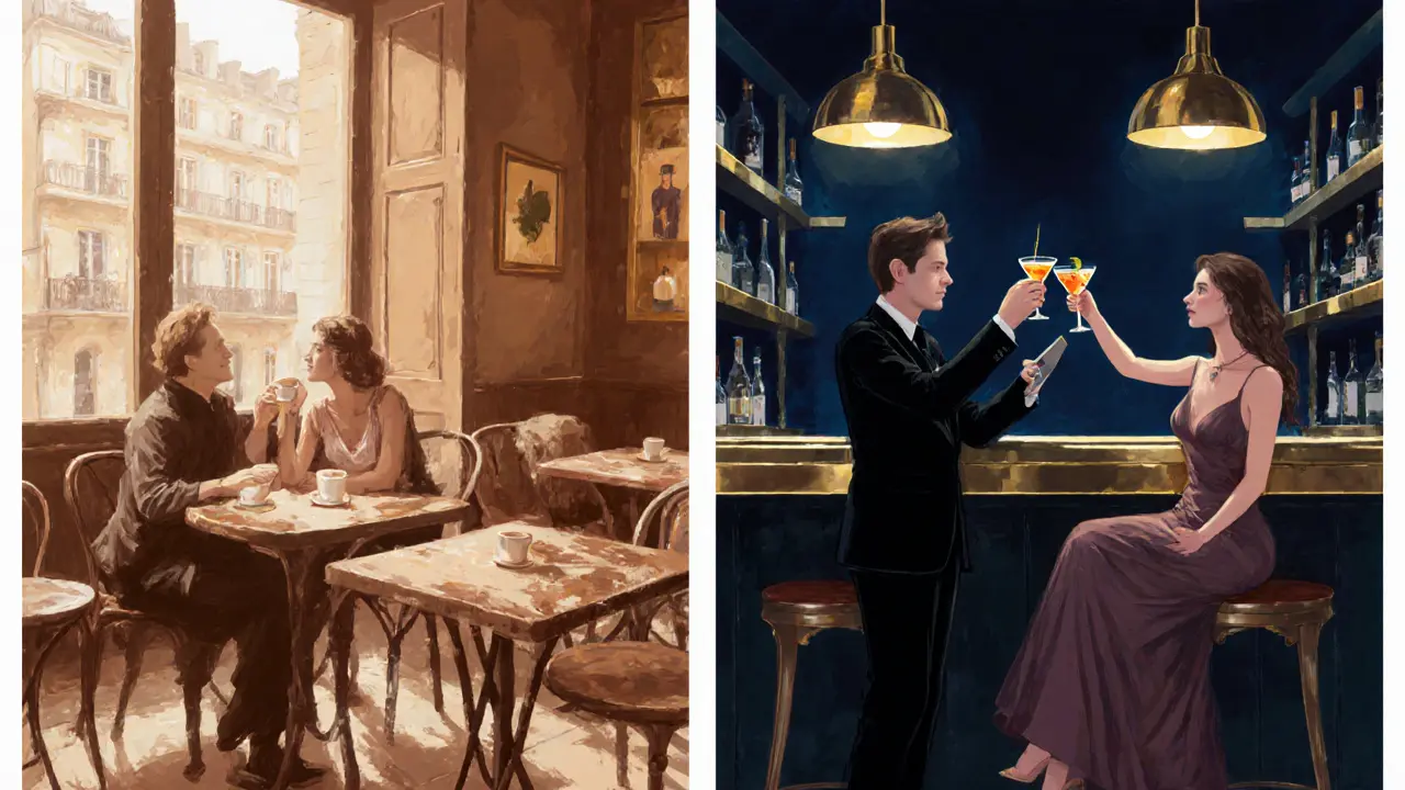 Companion and client enjoying coffee in Le Marais, then a nightcap at a chic Saint‑Germain bar.