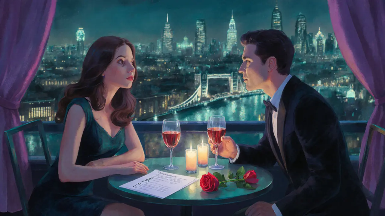 Couple seated at a candlelit rooftop bar, with a discreet safety note on the table.