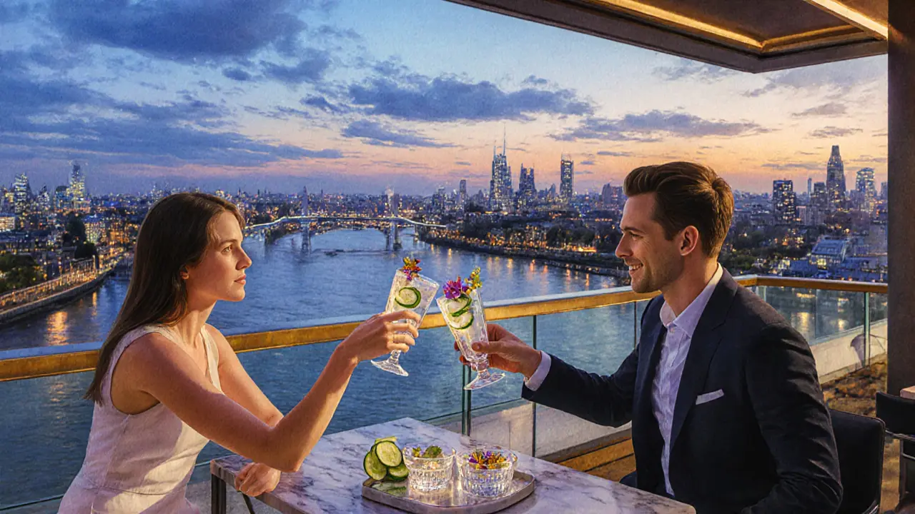 Couple toasting cocktails on a rooftop bar overlooking the Thames.