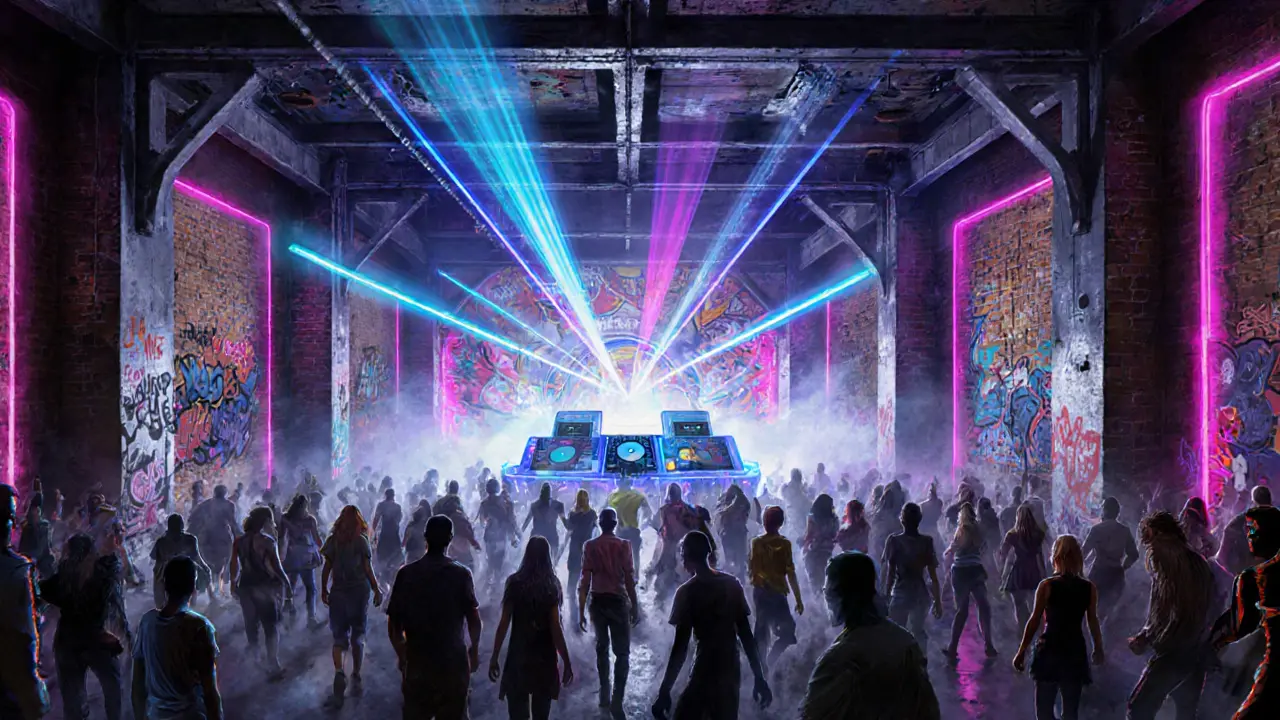 Crowd dancing inside an industrial techno club with neon lighting.