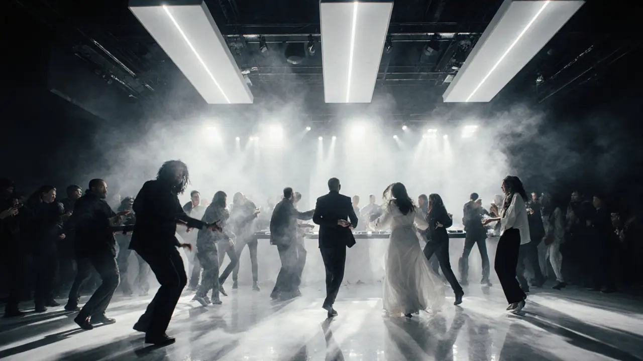 Crowd dancing on a glowing white floor at White Dubai club under pulsing neon lights and floating panels.