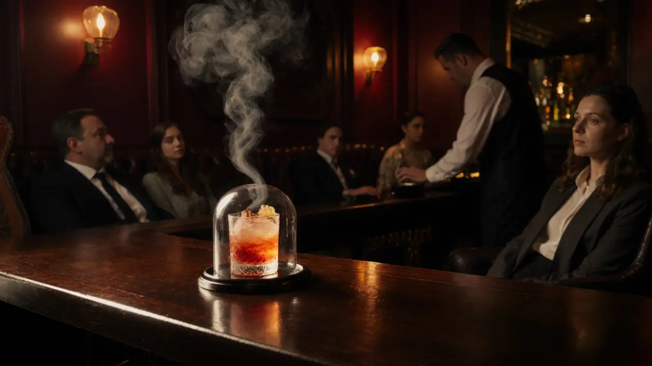 Dim speakeasy interior with a smoky cocktail dome at Nightjar.