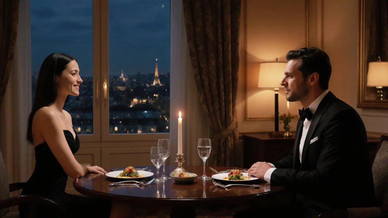 Elegant companion and client sharing a candlelit dinner in a luxury Paris hotel suite.