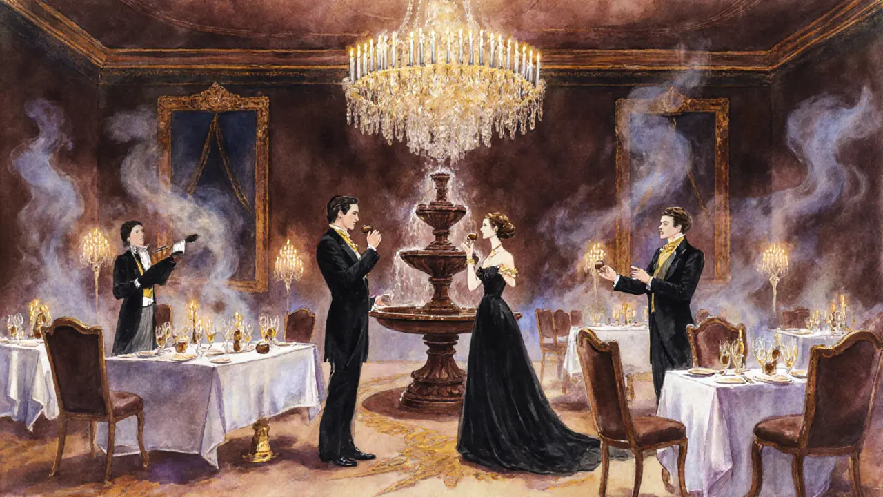 Elegant couple tasting chocolate by a fountain at an opulent night event.