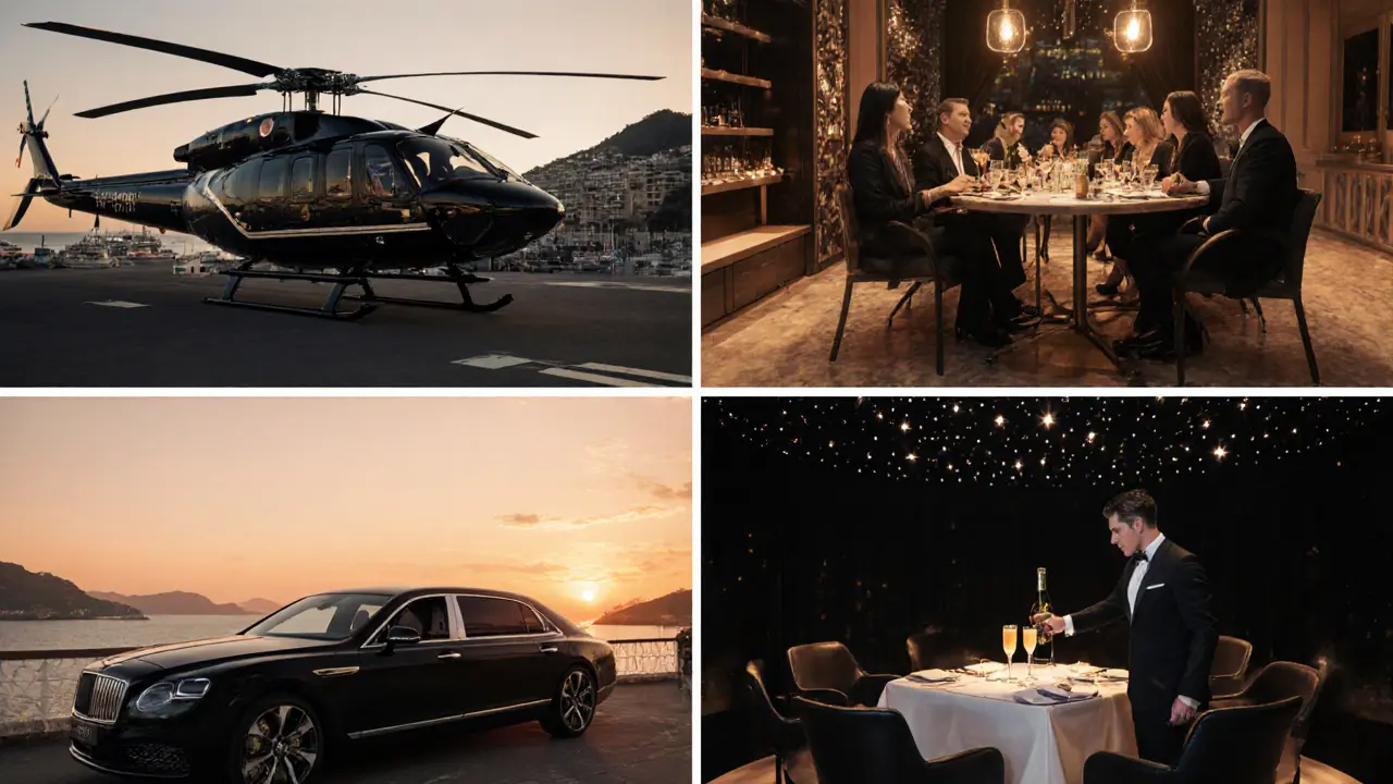 Helicopter arrival, sunset lounge at Sass Café, then VIP table at Jimmy&#039;z under city lights.