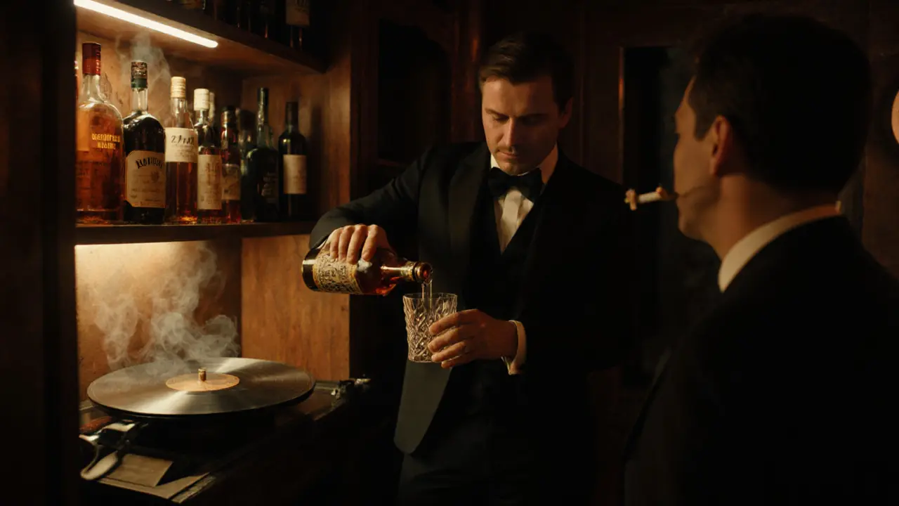 Hidden jazz speakeasy with a bartender pouring bourbon in a dim, cozy room filled with vintage bottles.