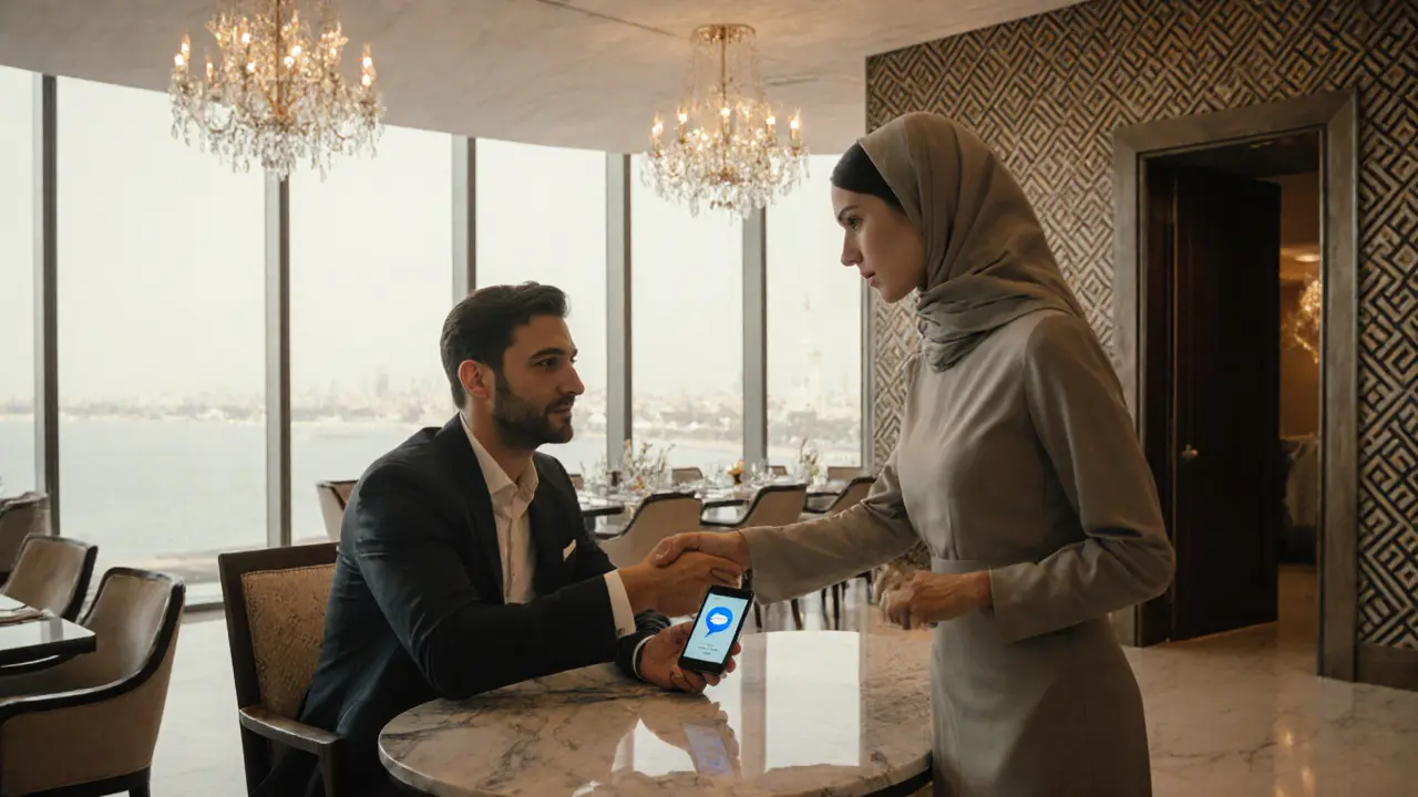 Hotel lobby scene with a man chatting on an encrypted app and a woman shaking hands, indicating a safe meeting.
