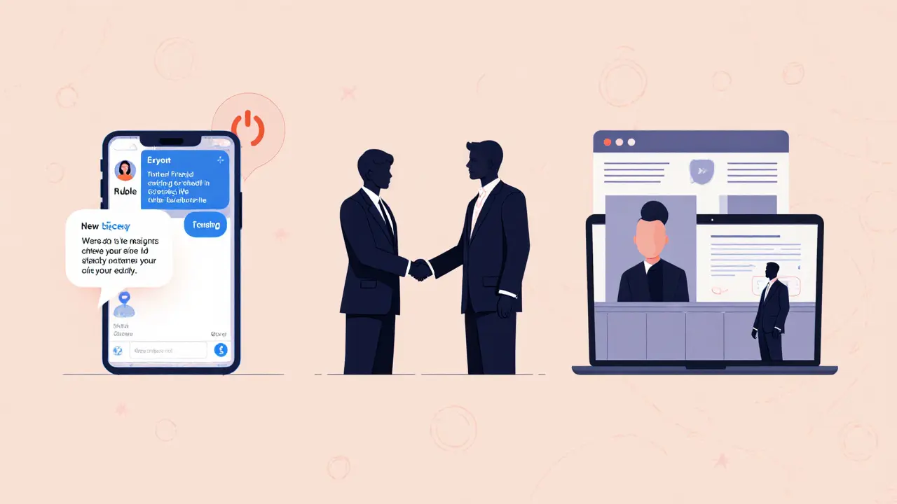 Illustration of encrypted phone check‑in, a discreet hotel meeting, and a sleek personal branding setup.