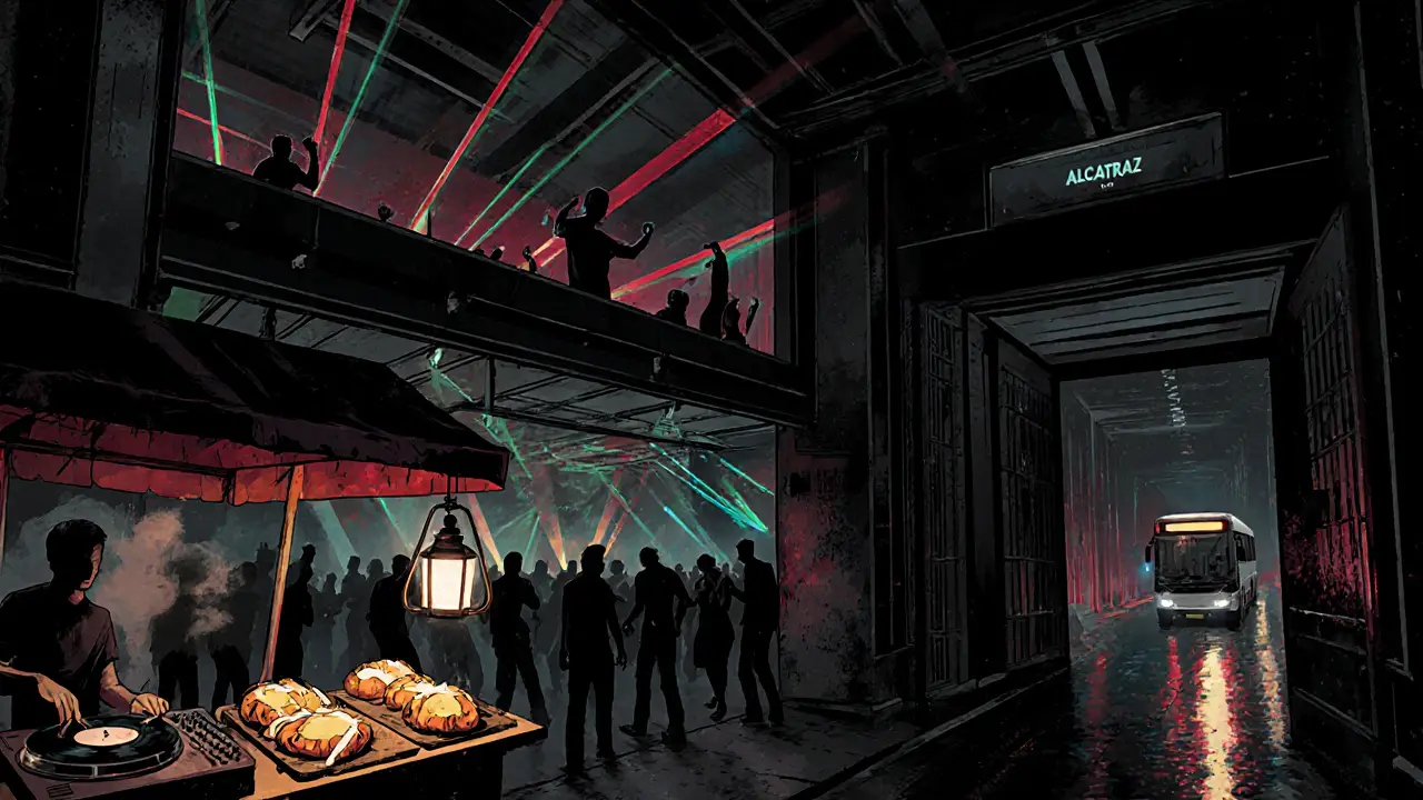 Industrial night club Alcatraz packed with dancers, neon lights, and nearby street food stalls.