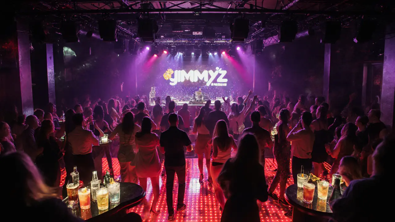 Inside Jimmy’z nightclub with dancing crowd, DJ booth, and bottle‑service tables.