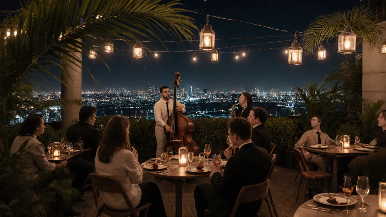 Intimate jazz performance at The Observatory rooftop garden under string lights with guests enjoying cocktails.