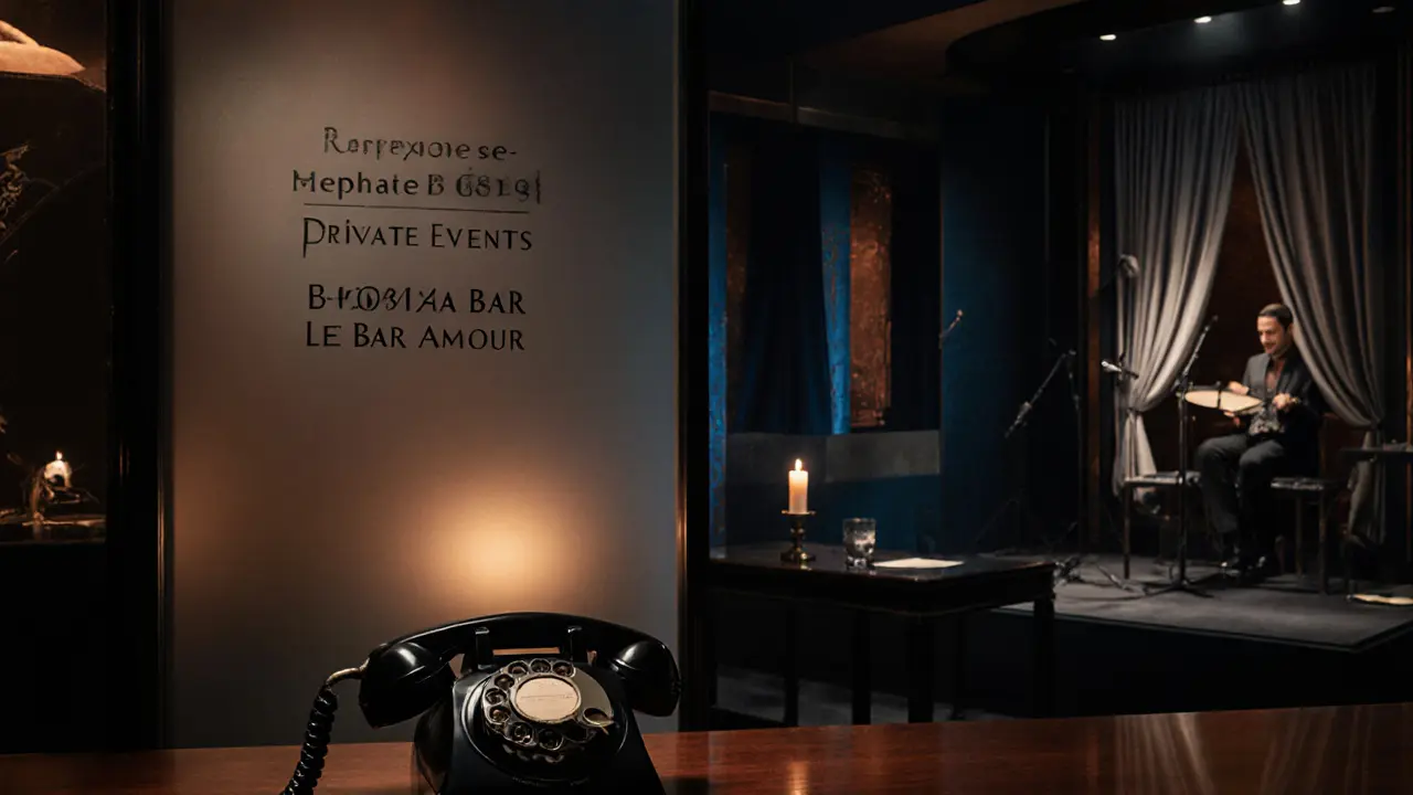 Intimate jazz speakeasy behind frosted glass, Asian decor, dim candlelight, and a vintage rotary phone.