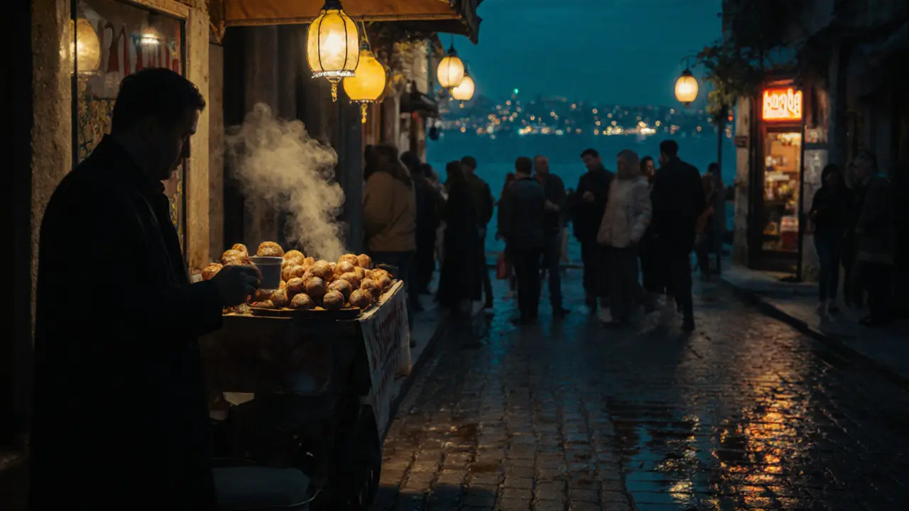 Late‑night street vendor in Kadıköy serving simit and tea to tired travelers.