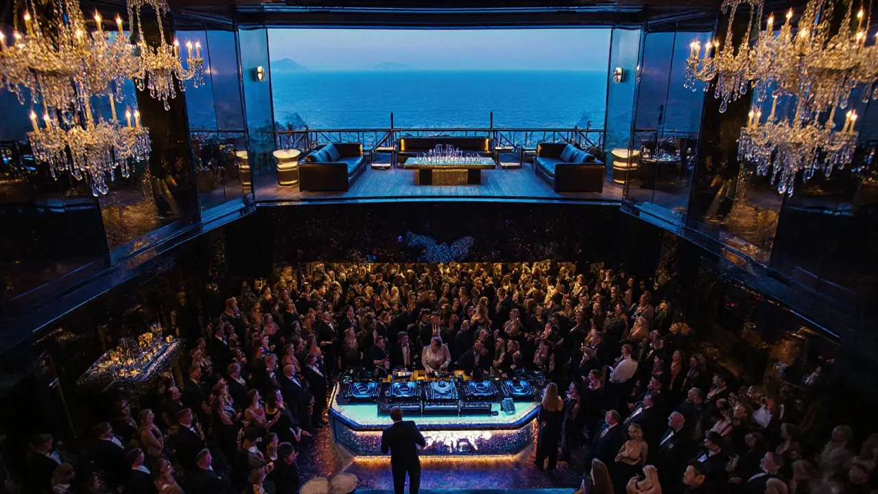 Luxurious interior of Jimmy&#039;z Monte Carlo with VIP terrace, DJ, and glamorous guests.