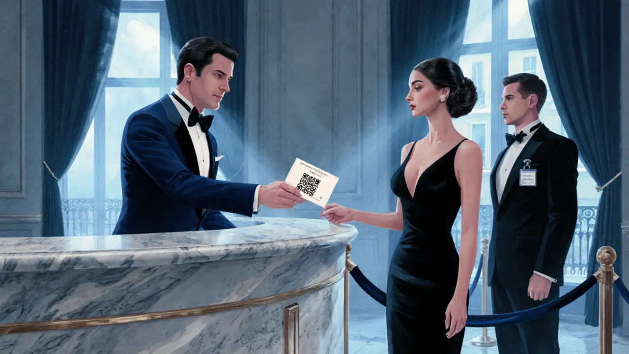 Man receiving a VIP invitation from a concierge, escort standing nearby.