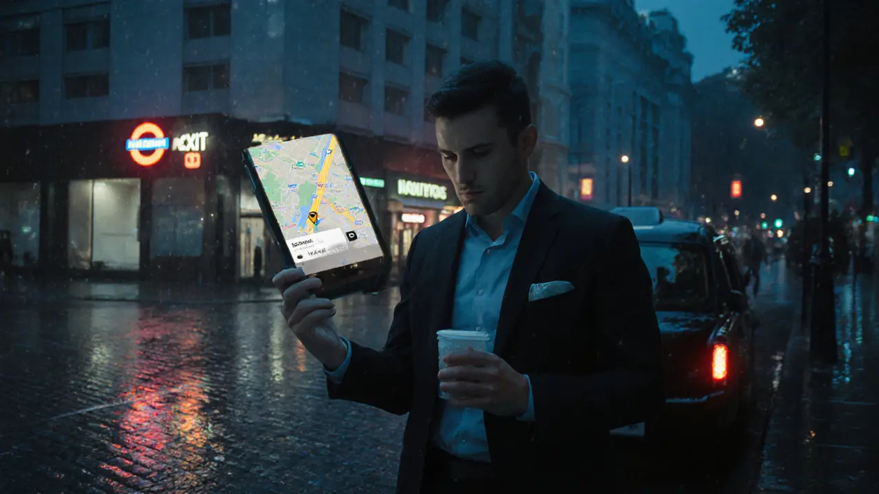 Man with drink checking phone near a cab in rainy London street, showing safety measures.