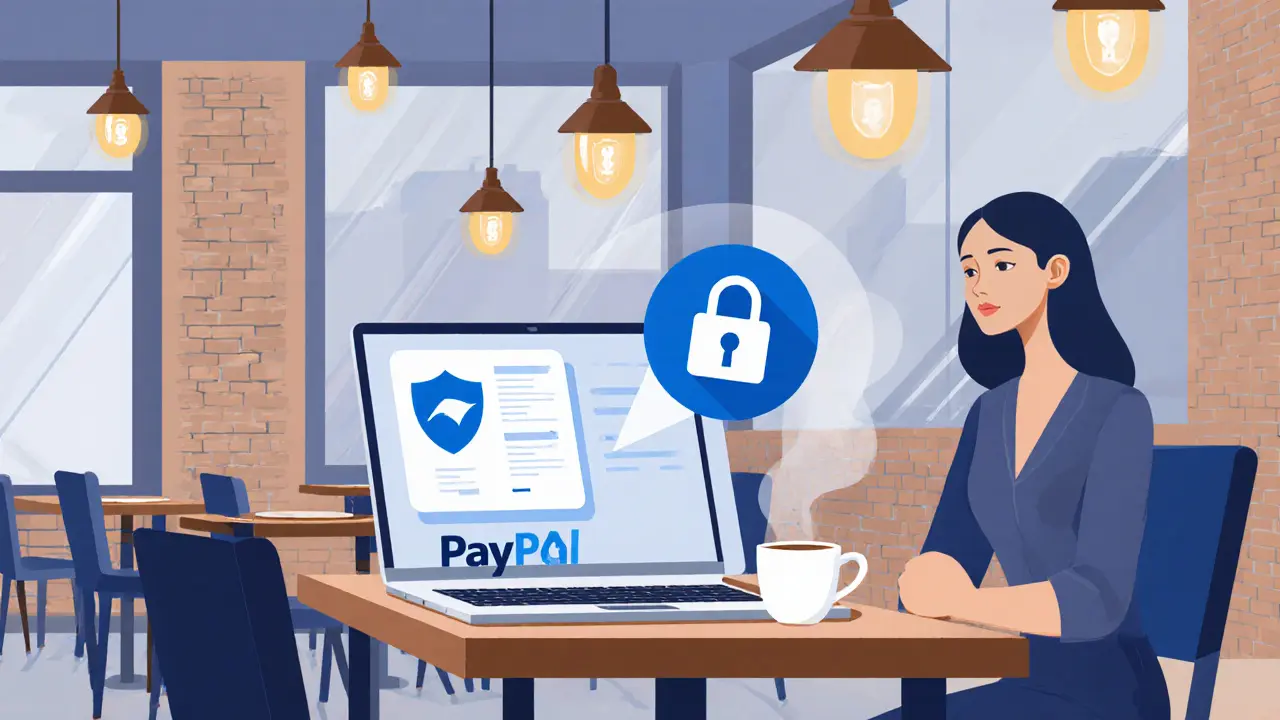 Modern café scene with laptop showing secure payment icons and a woman reviewing them.