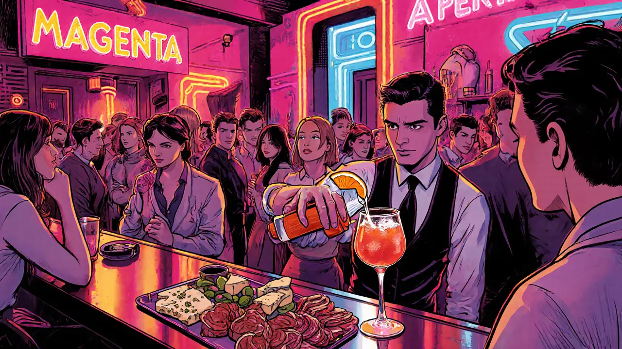 Neon-lit Bar Magenta interior with bartender serving an Aperol Spritz.