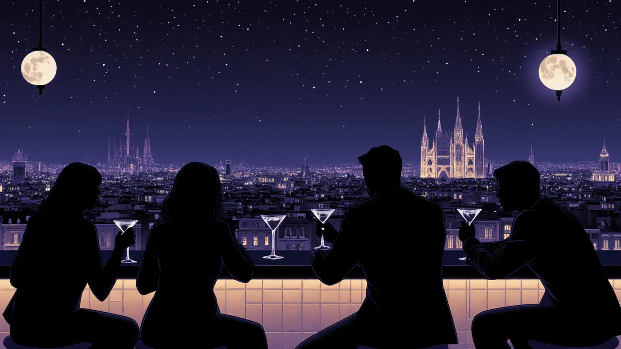 Rooftop bar at night with city lights, people sipping drinks and overlooking Milan.