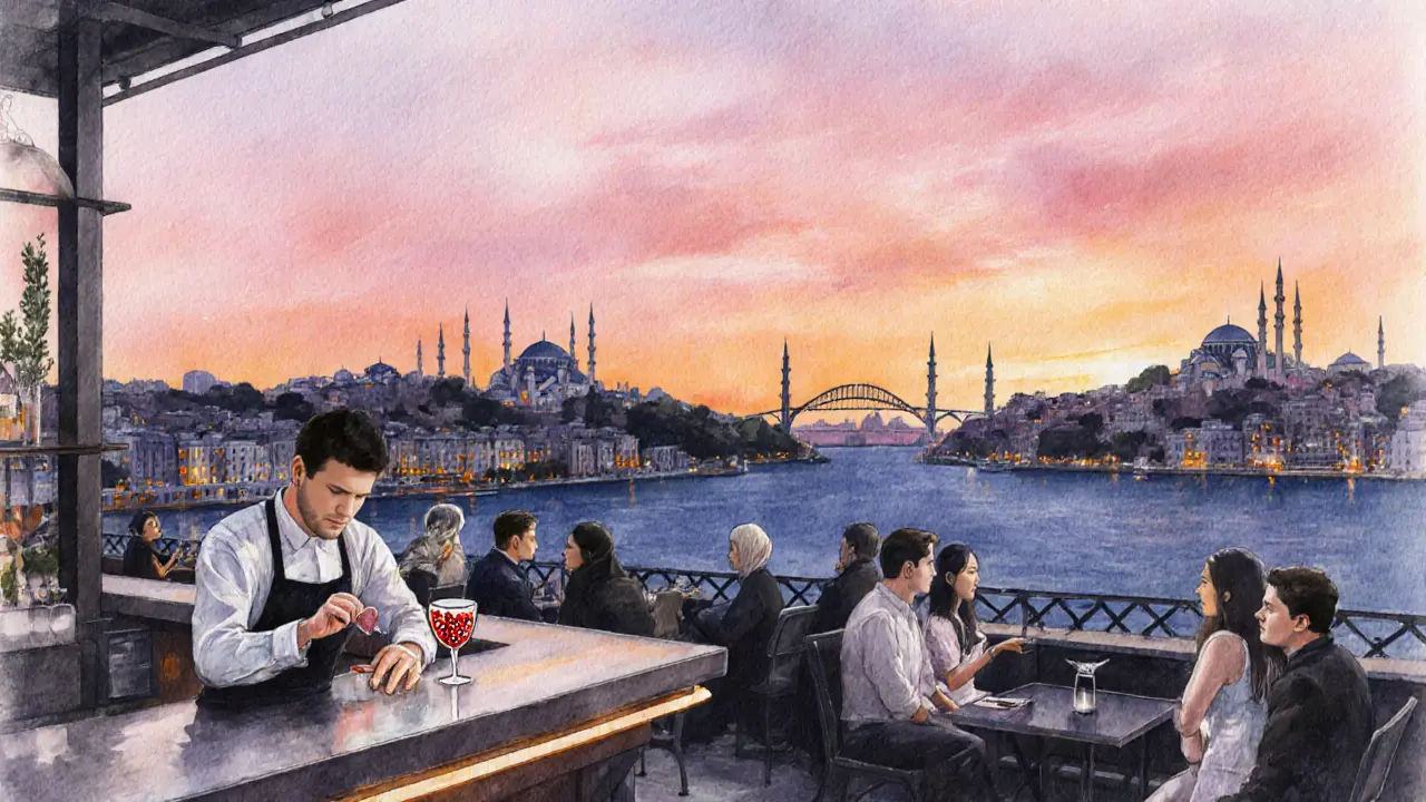 Rooftop bar in Karaköy at sunset, offering a view of the Bosphorus and a pomegranate cocktail.