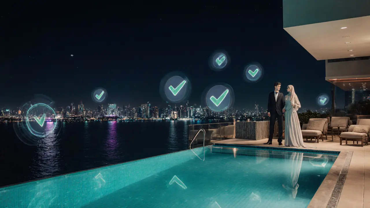 Rooftop lounge at night with an elegant couple overlooking the sea, surrounded by subtle safety checkmark icons.