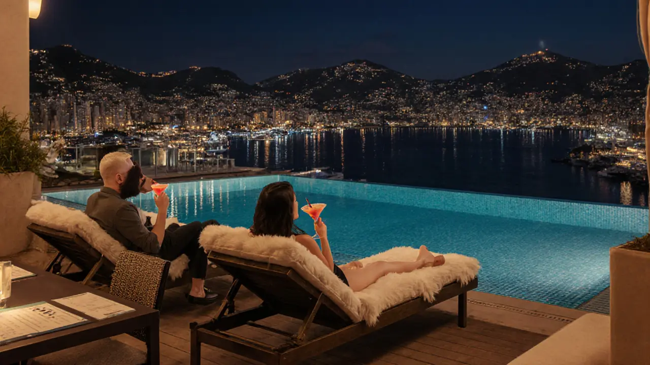 Rooftop lounge with infinity pool, city lights, and a couple enjoying cocktails.