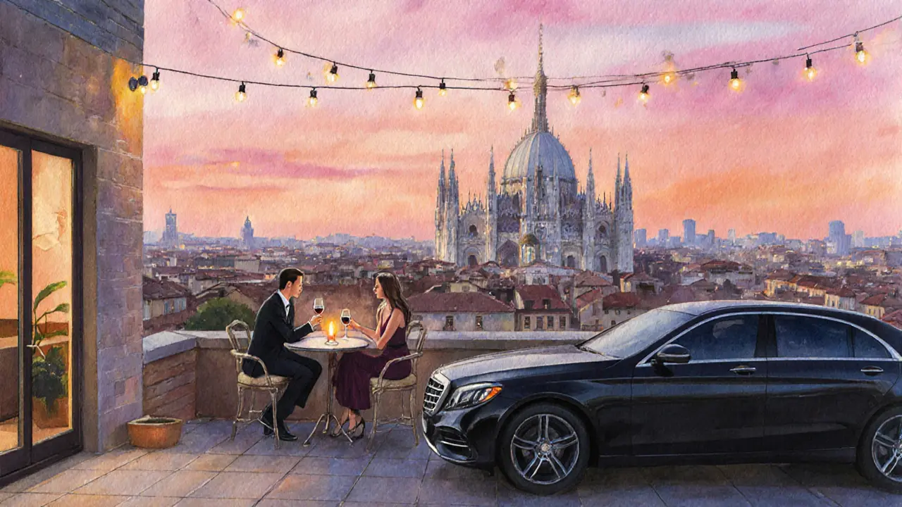 Rooftop terrace at sunset with a couple sharing wine overlooking the Duomo.