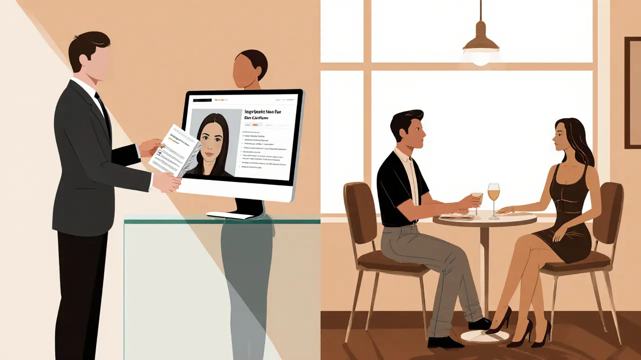 Split illustration showing an agency office with staff and a café scene with an independent escort chatting.