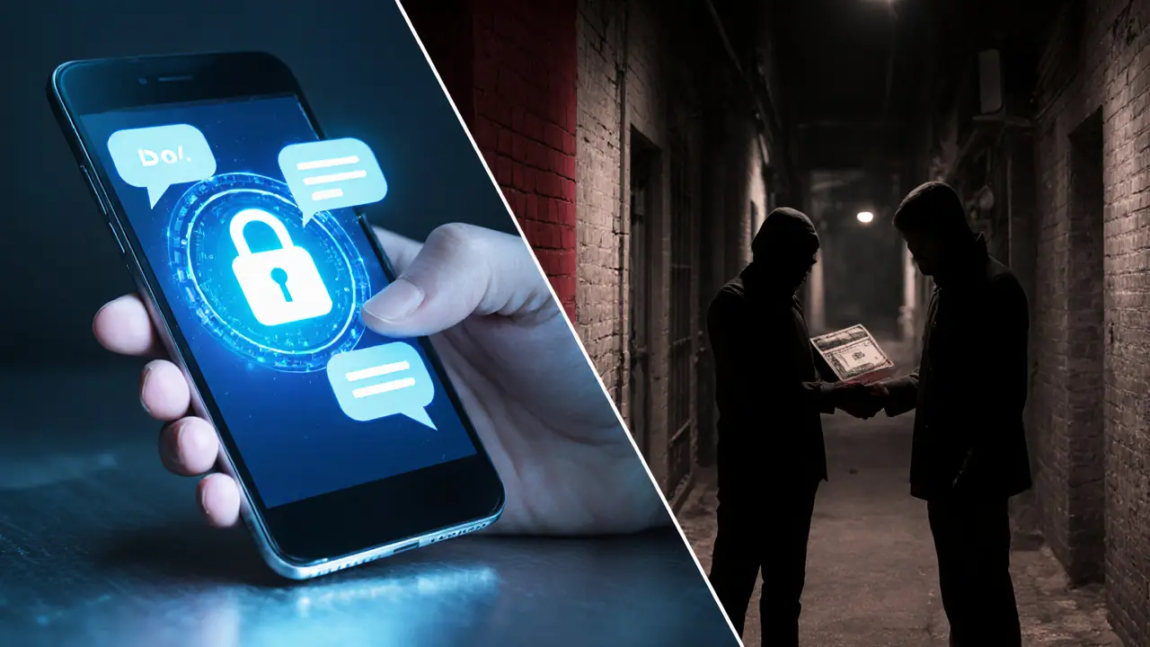 Split illustration showing secure phone communication on one side and a shady cash exchange in an alley on the other.