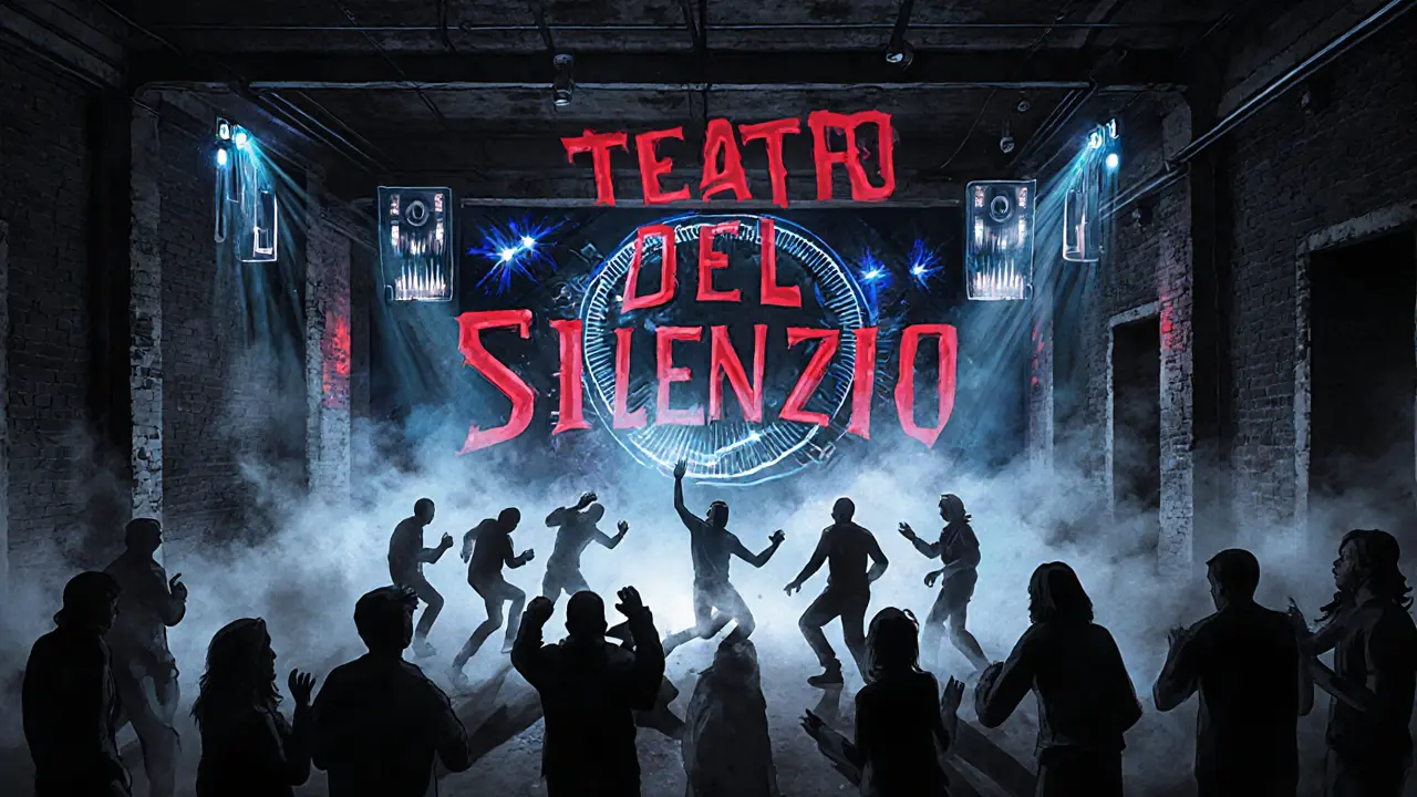 Underground techno club with strobe lights and dancers lost in rhythm inside a gritty industrial warehouse.