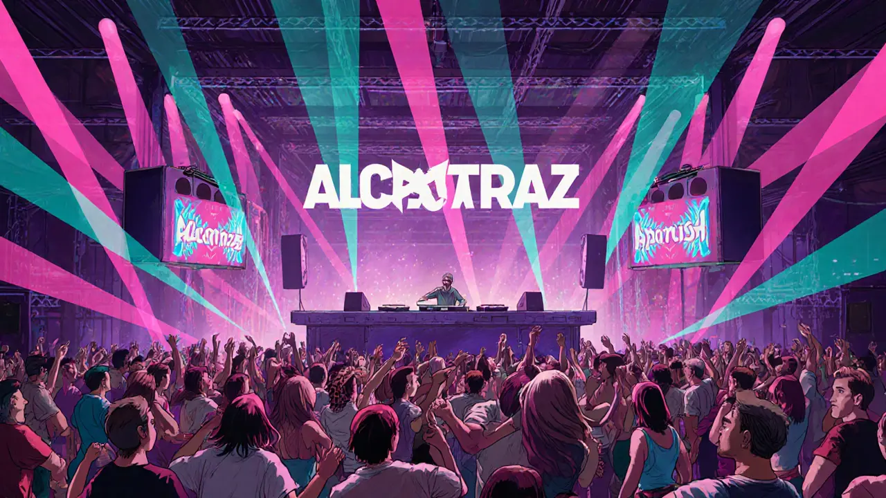 Vibrant illustration of Alcatraz club interior with neon lights and crowds dancing.