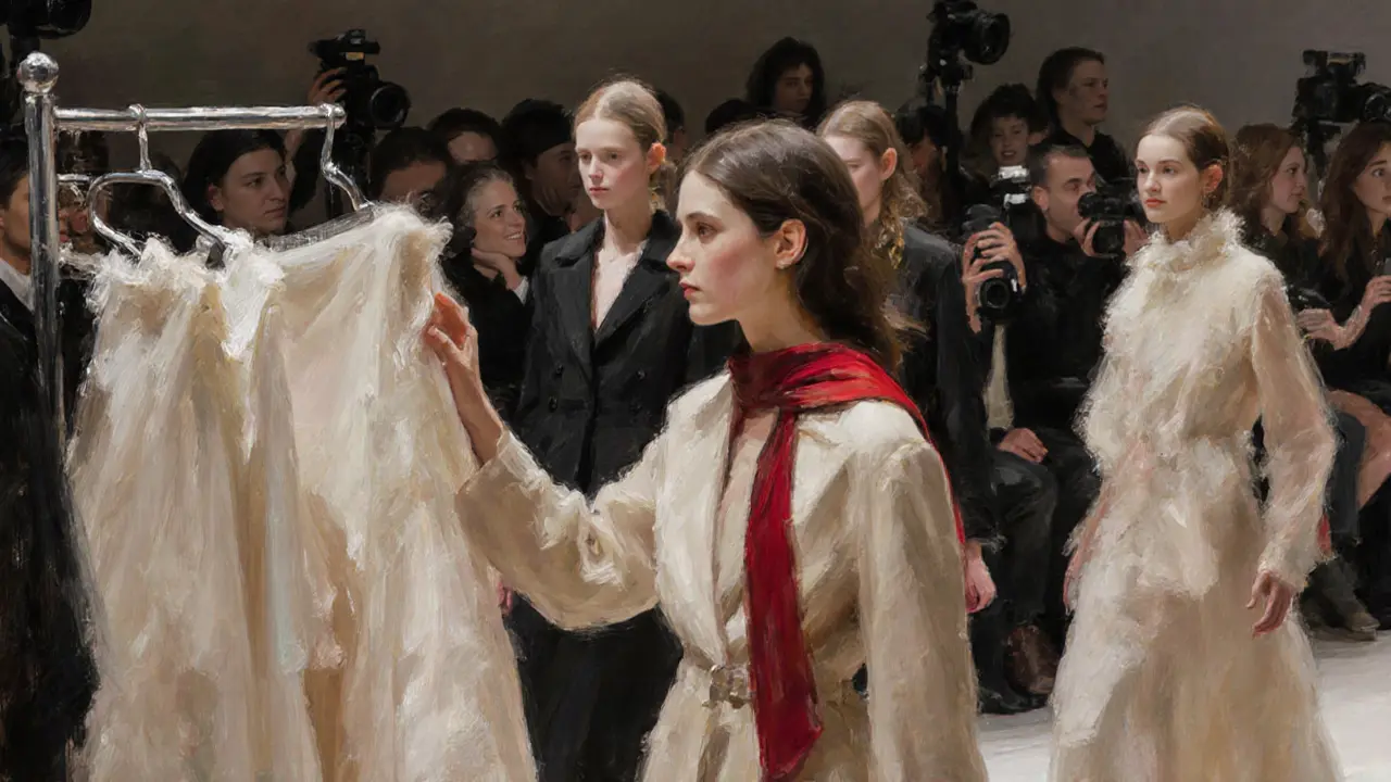 Woman blending into a fashion show crowd, wearing couture, face partially shadowed, cultural subtlety.