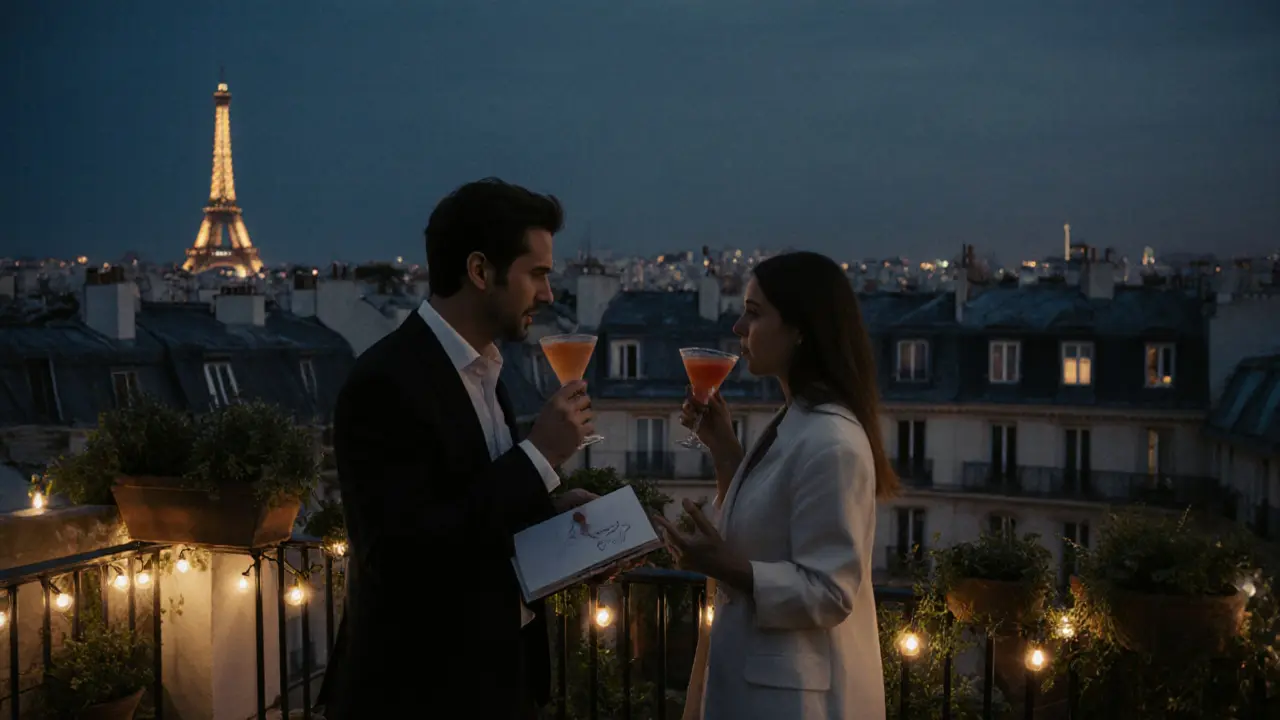 A couple enjoying cocktails on a rooftop terrace with a view of the Eiffel Tower.