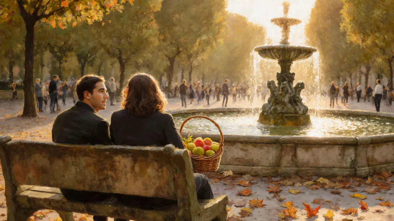 A couple sitting on a bench in Luxembourg Gardens at golden hour, laughter in the air.