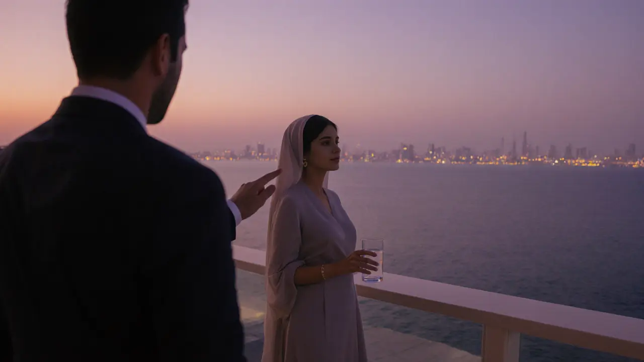 A couple standing on a hotel terrace at sunset in Abu Dhabi, enjoying the view with calm respect.