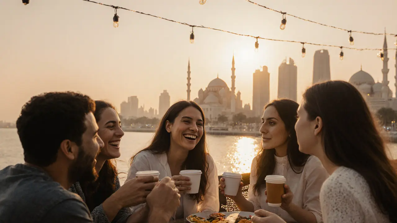 A diverse group of expats enjoys laughter and coffee at a rooftop café in Abu Dhabi as the city glows at sunset.