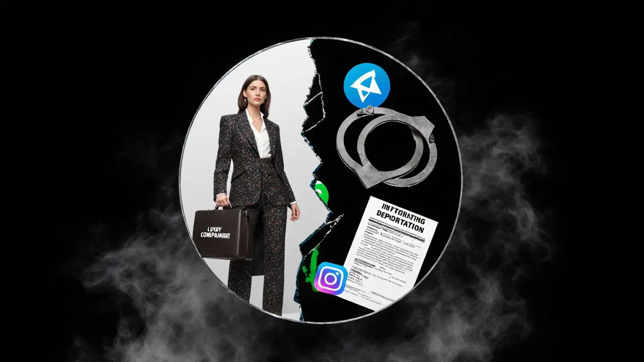 A fractured mirror shows glamorous companionship on one side and legal consequences like handcuffs and deportation on the other.