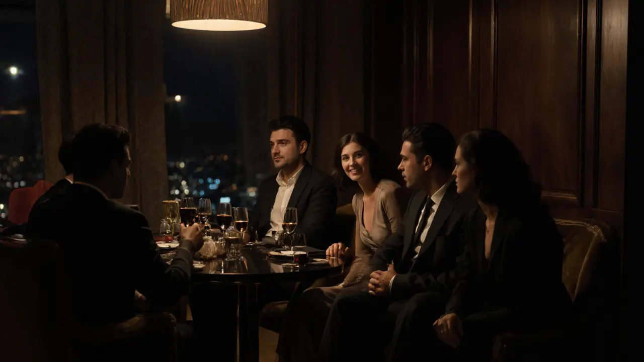 A group of well-dressed individuals converse quietly in an exclusive lounge in Al Maryah Island at night.