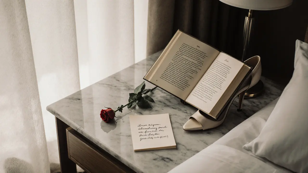 A handwritten note, rose, and open poetry book on a nightstand in a serene hotel suite.