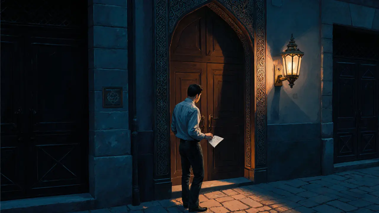 A hidden speakeasy entrance in an alley with a lantern glowing beside an unmarked door, man preparing to enter.