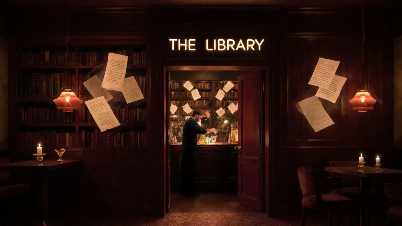 A hidden speakeasy with a bookshelf door opening to reveal neon art and mixologists crafting poetic cocktails.