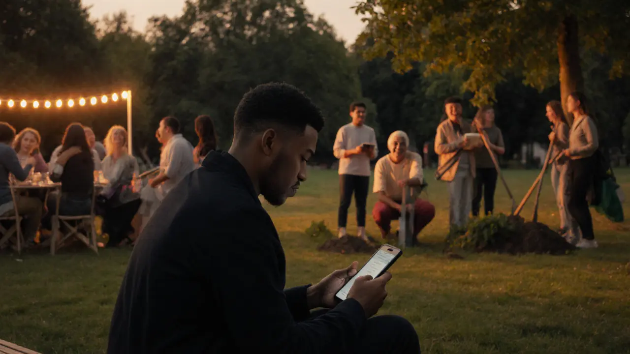 A man alone in a park at dusk, while others enjoy community events nearby in warm evening light.